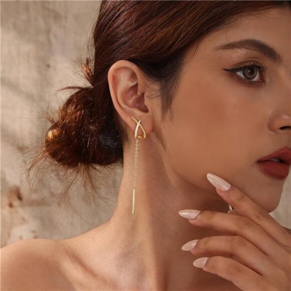 ✨ 17K Gold X Cross Threader Earrings | Lightweight Hoop & Dangle Combo - Picture 3 of 5